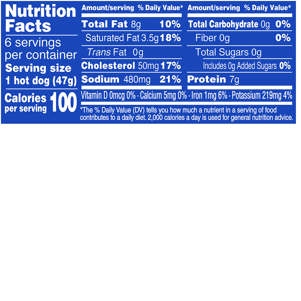 Organic Beef Hot Dog 10oz Nutrition Fact Panel