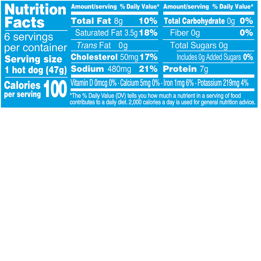 Natural Beef Hot Dog Nutrition Fact Panel